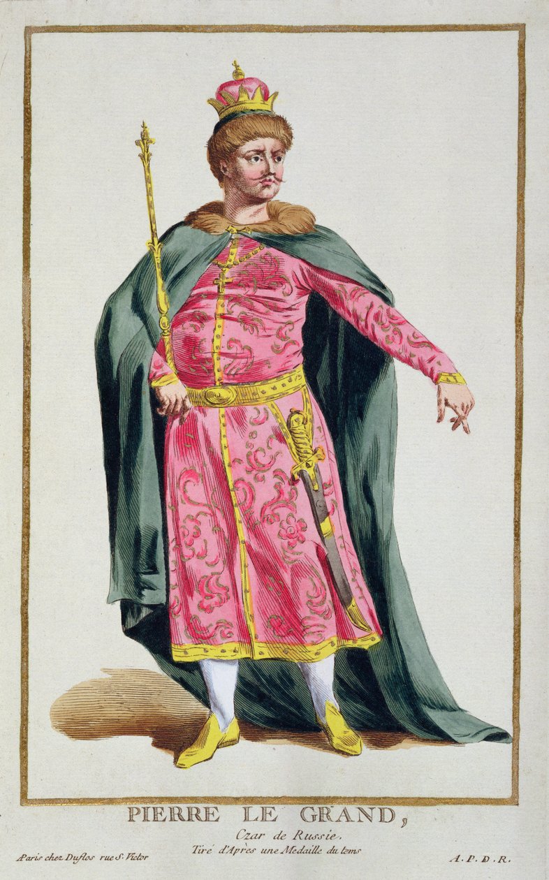 Portræt af Peter I, den Store, Ruslands zar (1672-1725), fra en samling af plancher med forskellige dragter fra verden, 1780 (håndkoloreret kobberstik med forgyldning) af Pierre Duflos