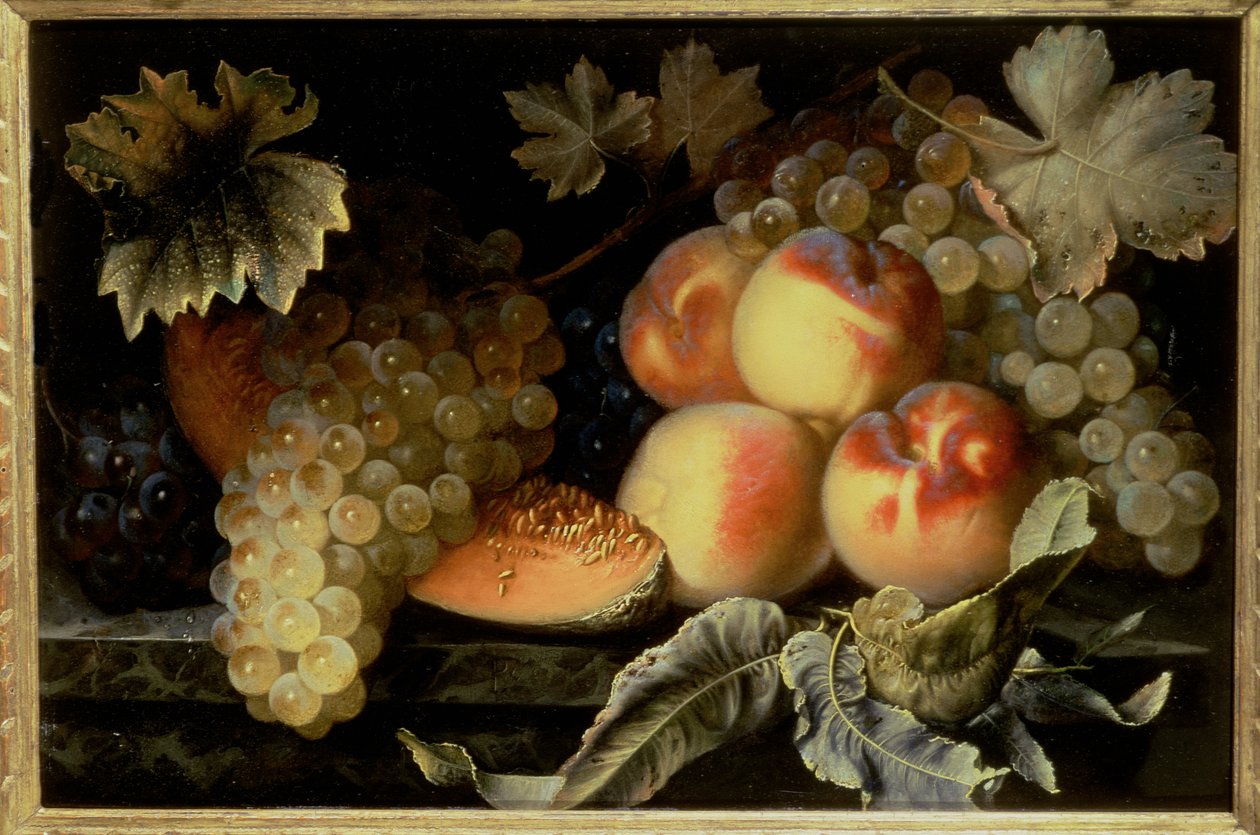 Stilleben med ferskner, melon og druer (en af et par) af Pierre Dupuis