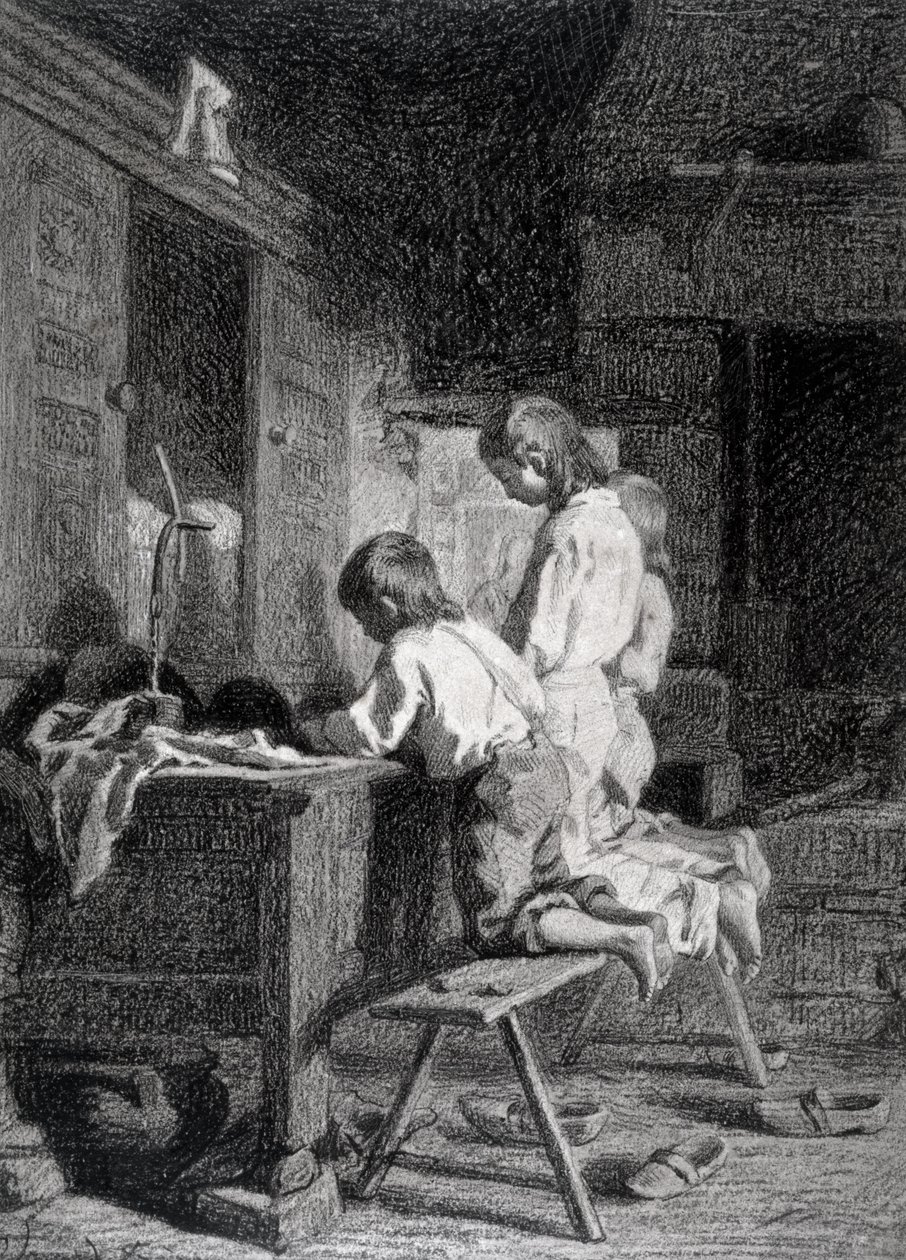 Interiør med Three Boys Kneeling (sort farveblyant over brun blæk vask på papir) af Pierre Edouard Frere