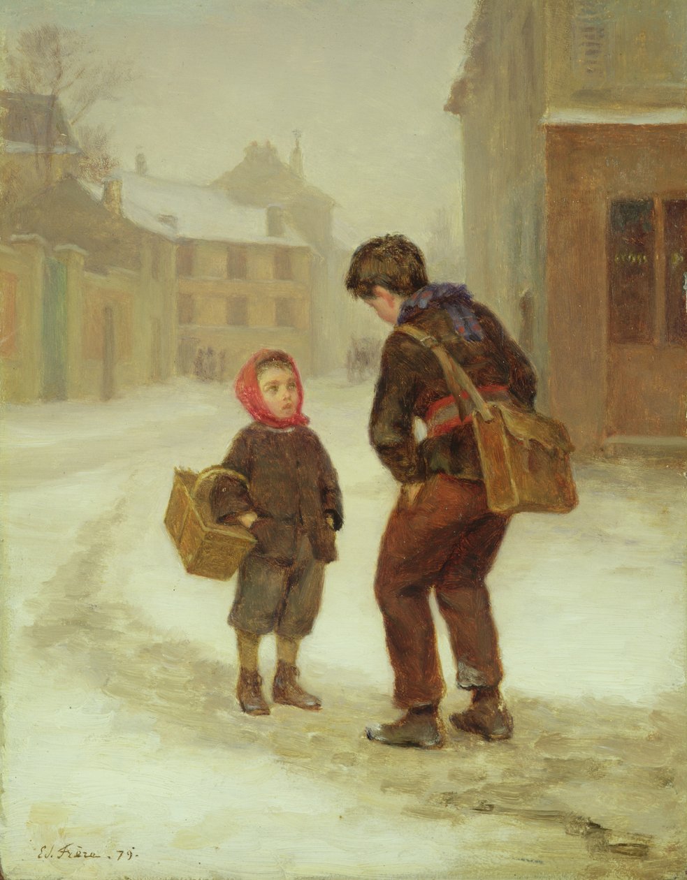 På vej til skole i sneen, 1879 af Pierre Edouard Frere
