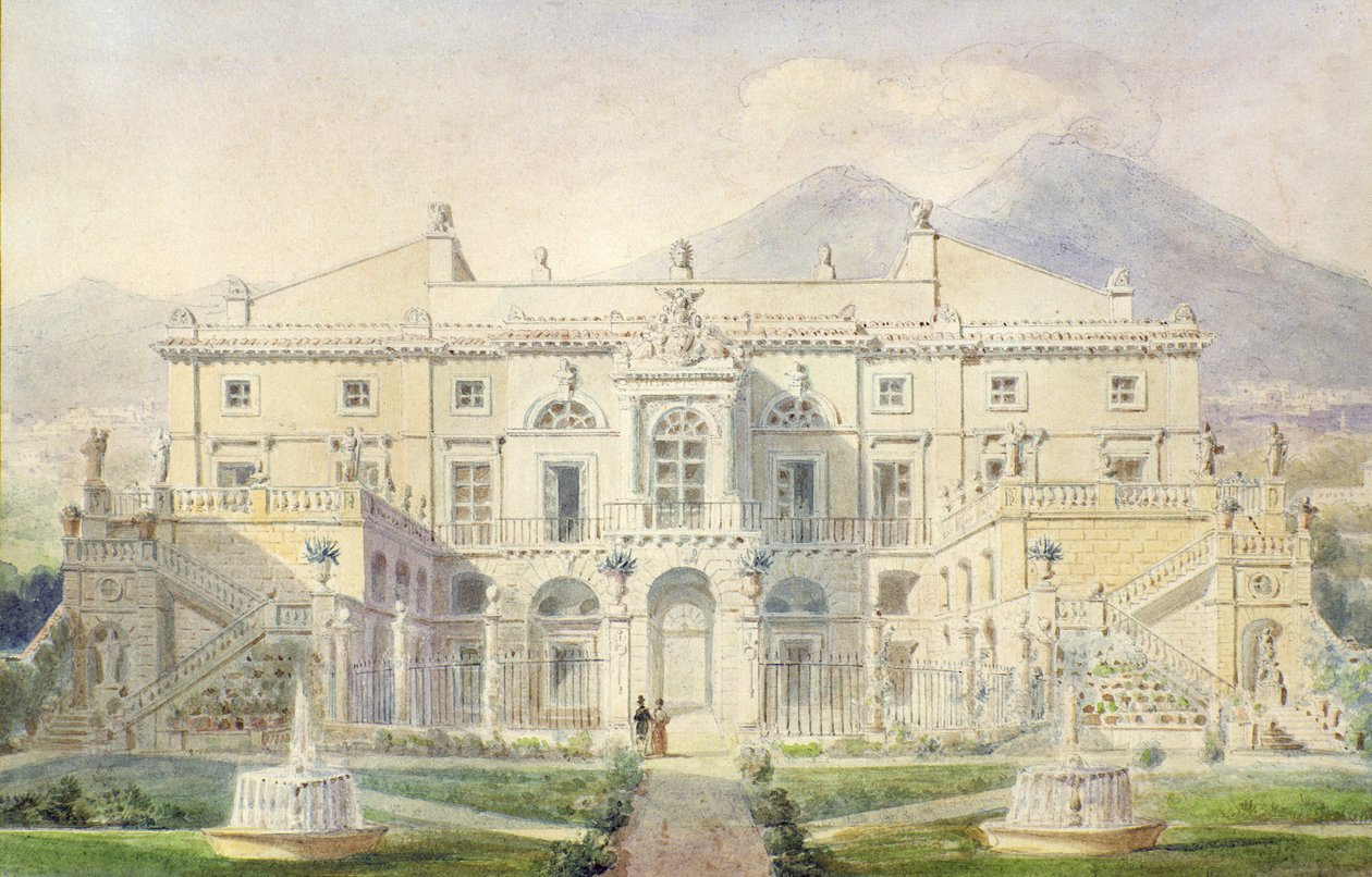 Udsigt over en villa i Napoli-bugten af Pierre Francois Leonard Fontaine