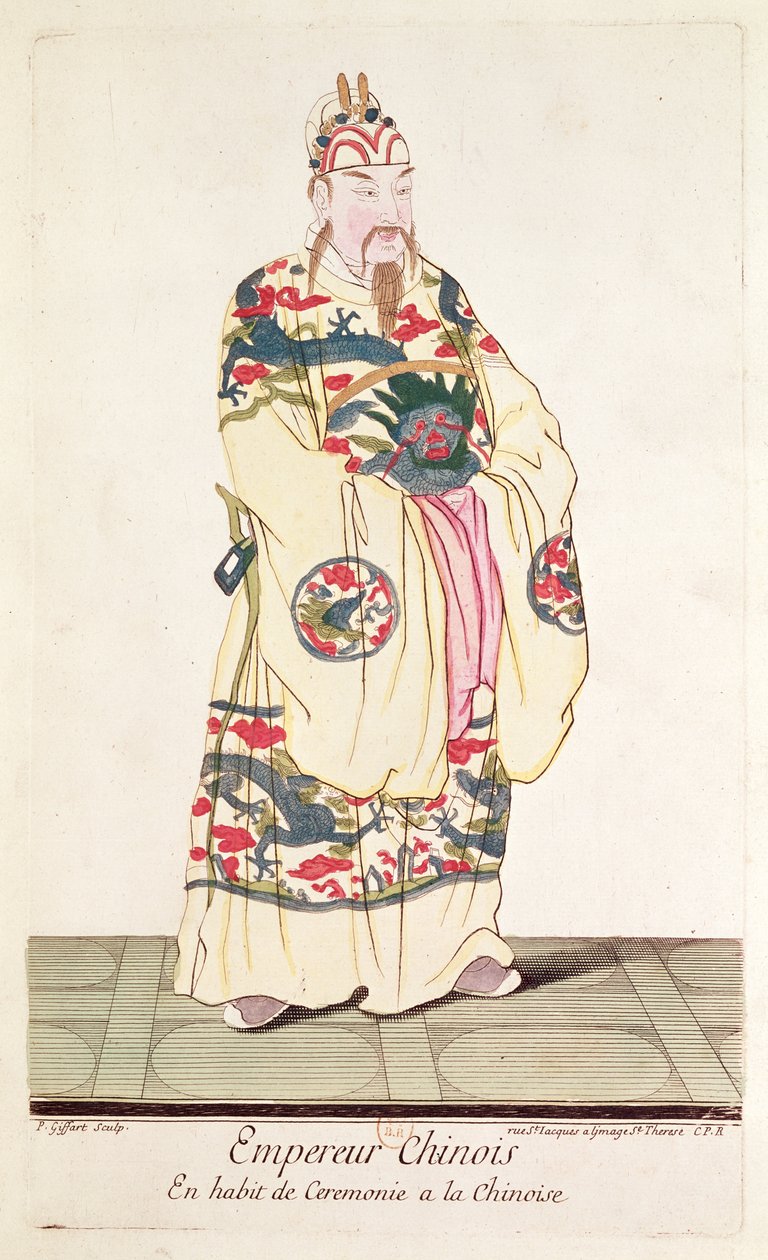 Kinesisk kejser i ceremoniel dragt, fra "Estat Present de la Chine" af Pere Bouvet, 1697 af Pierre Giffart