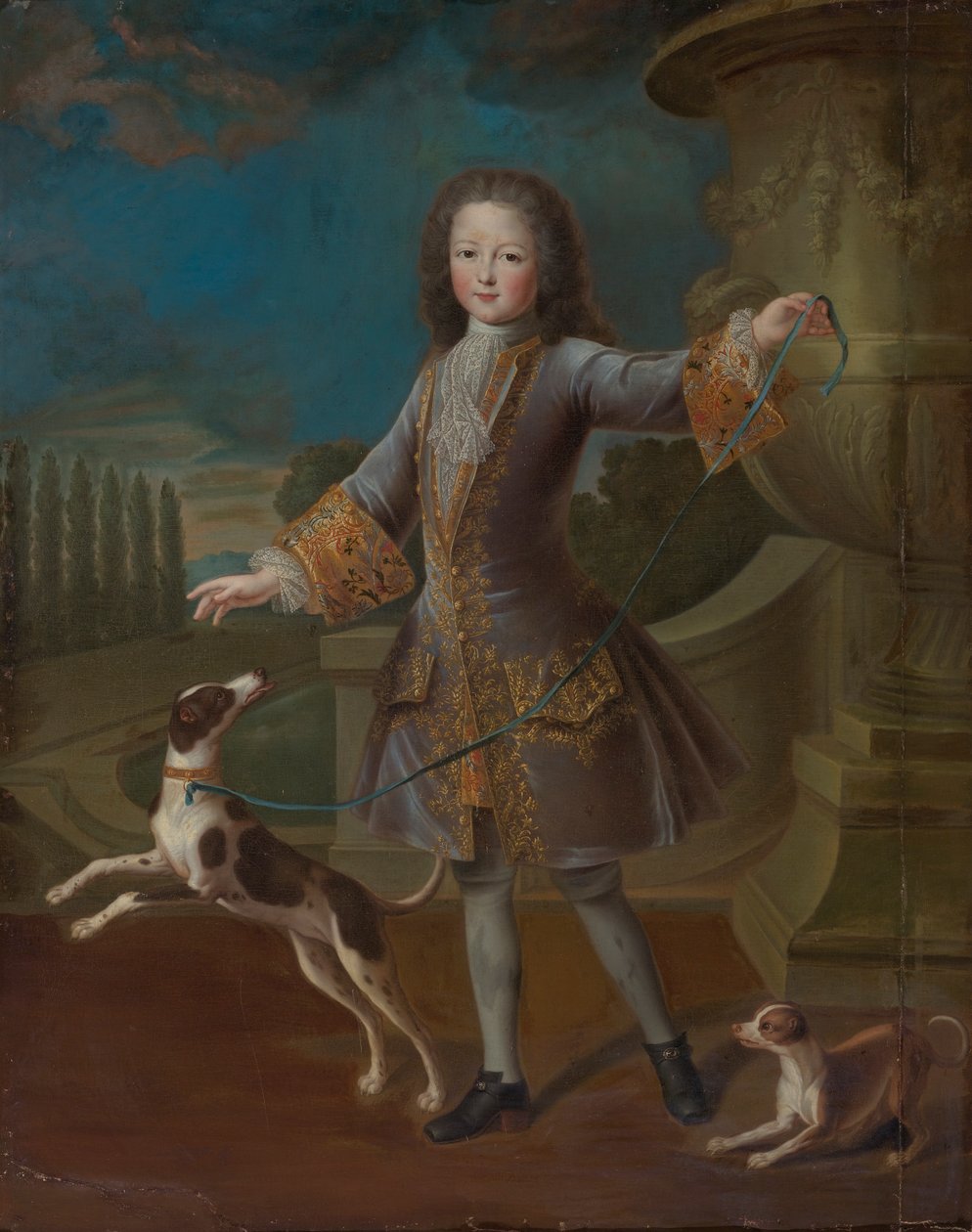 Portræt af Louis XV med to hunde af Pierre Gobert