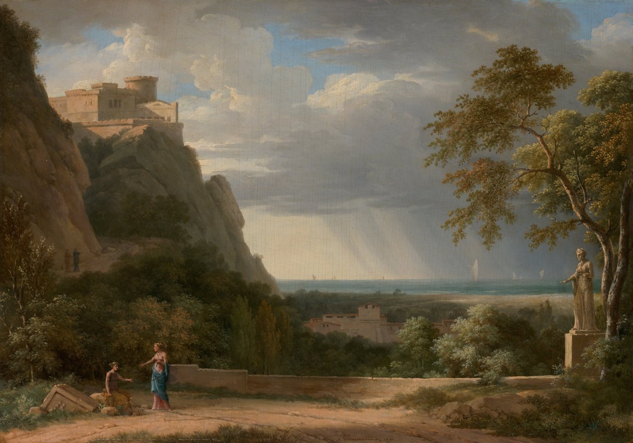 Klassisk landskab med figurer og skulptur af Pierre Henri de Valenciennes