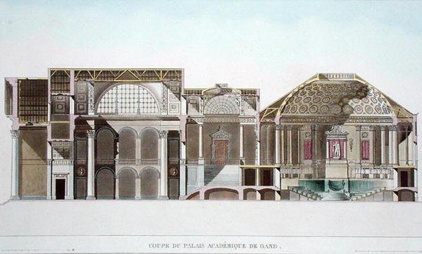 Tværsnit af Palais Academique i Gent, fra udvalg af de mest fremragende monumenter, bygninger og huse i Kongeriget Nederlandene af Pierre Jacques Goetghebuer, graveret af L. Roelandt, pub af Pierre Jacques after Goetghebuer