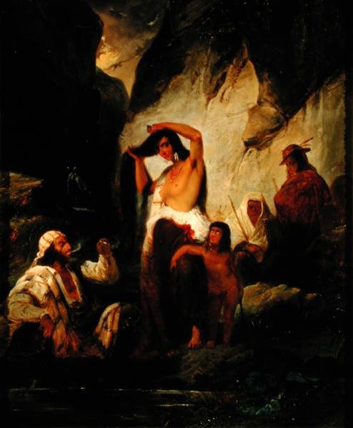 Sigøjnernes stop i Ronda-bjergene, 1832 af Pierre Jules Jollivet