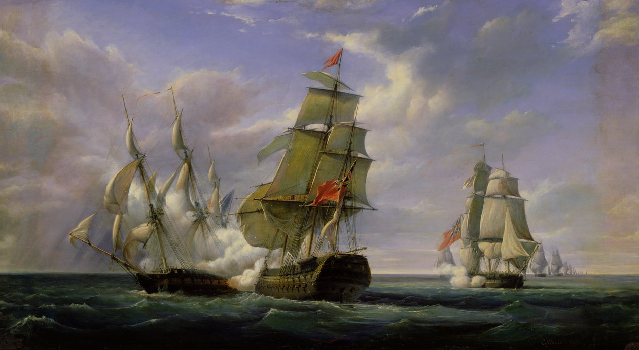 Kampen mellem den franske fregat "La Canonniere" og det engelske skib "The Tremendous", 21. april 1806, 1835 af Pierre Julien Gilbert