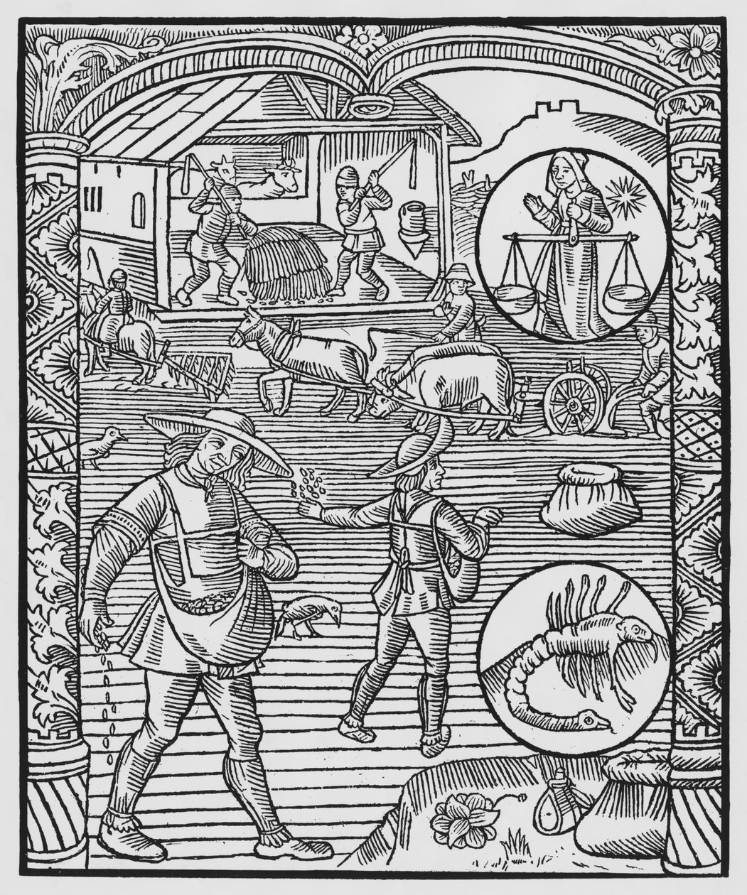 oktober, såning, pløjning og tærskning, Vægten, illustration fra 