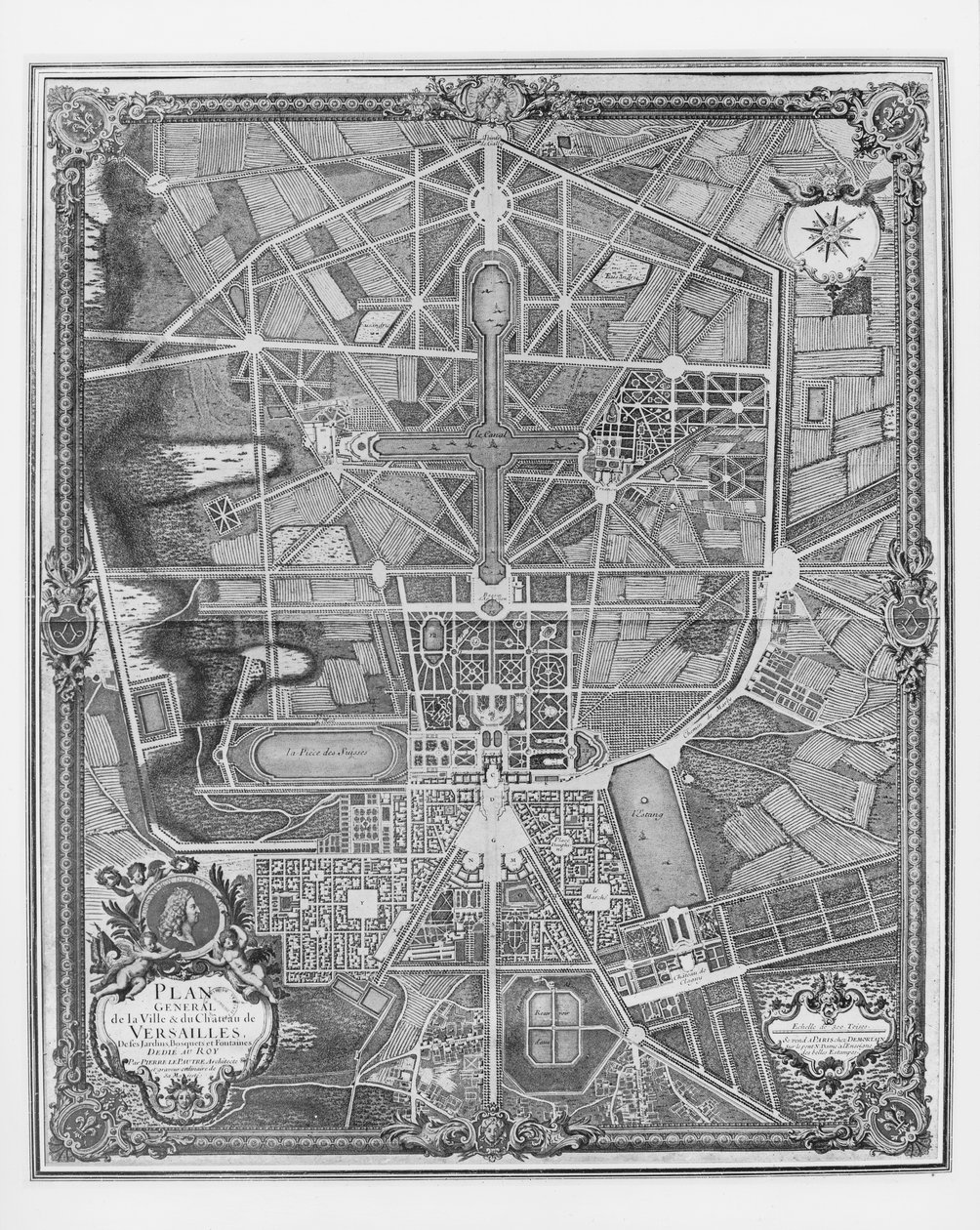 Overordnet plan for byen og Chateau de Versailles, med dens haver, skove og springvand af Pierre Lepautre