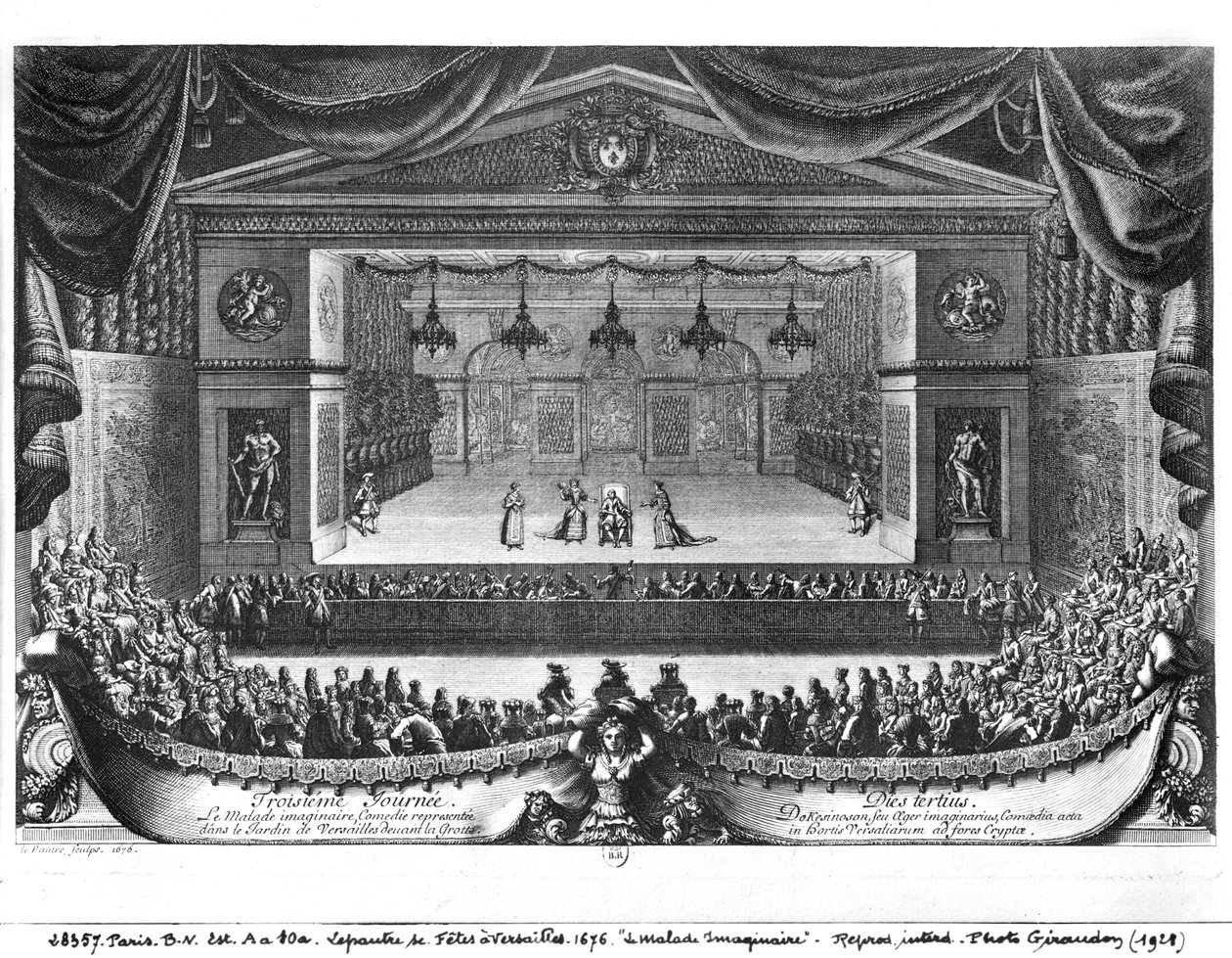 Den tredje dag, fra "La Malade Imaginaire" af Moliere (1622-73) opført i haven i Versailles, 1676 af Pierre Lepautre