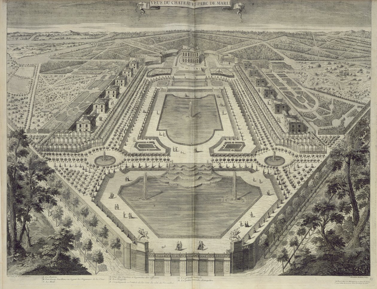 Udsigt over slottet og parken ved Marly, indgraveret af Sebastian Antoine (1687-s.1761), ca. 1715 af Pierre Lepautre