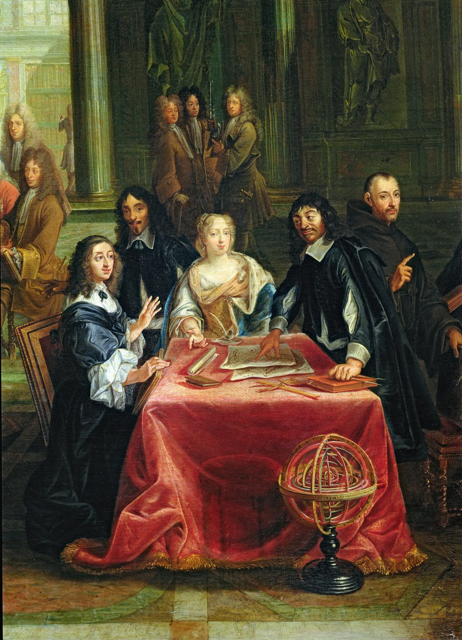 Christina af Sverige (1626-89) og hendes hof: detaljer om dronningen og Rene Descartes (1596-1650) ved bordet (se 28038) af Pierre Louis the Younger Dumesnil