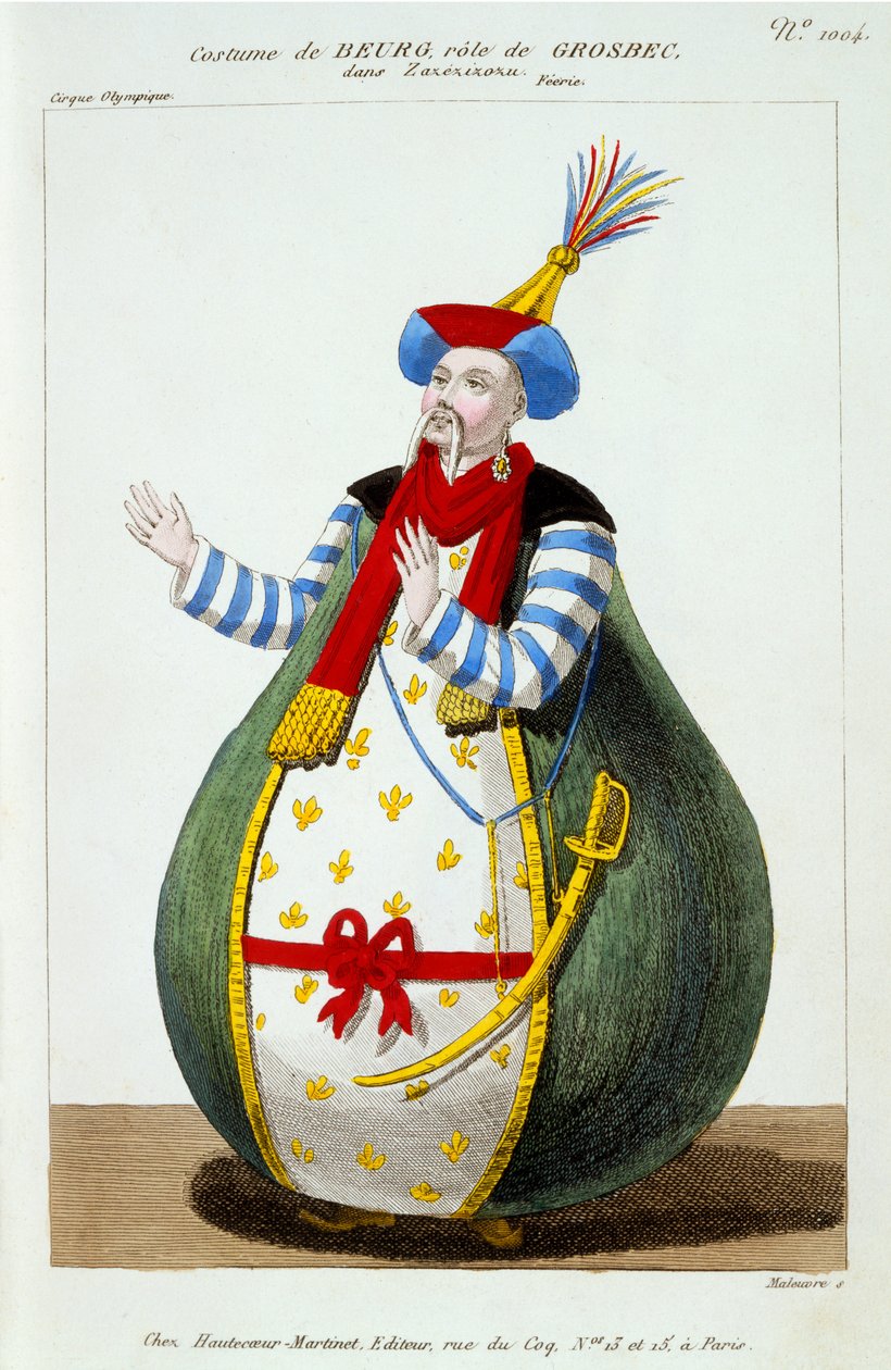 Kostume af Beurg fra Cirque Olympique i rollen som Grosbec i Zazezizozu, fra "Le Petite Galerie Dramatique", udgivet i 1796 af Pierre Maleuvre