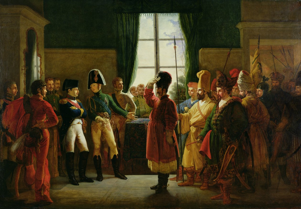Alexander I (1777-1825) præsenterer kalmukkerne, kosakkerne og bashkirerne for Napoleon I (1769-1821) i Tilsit i juli 1807, 1807-10 af Pierre Nolasque Bergeret