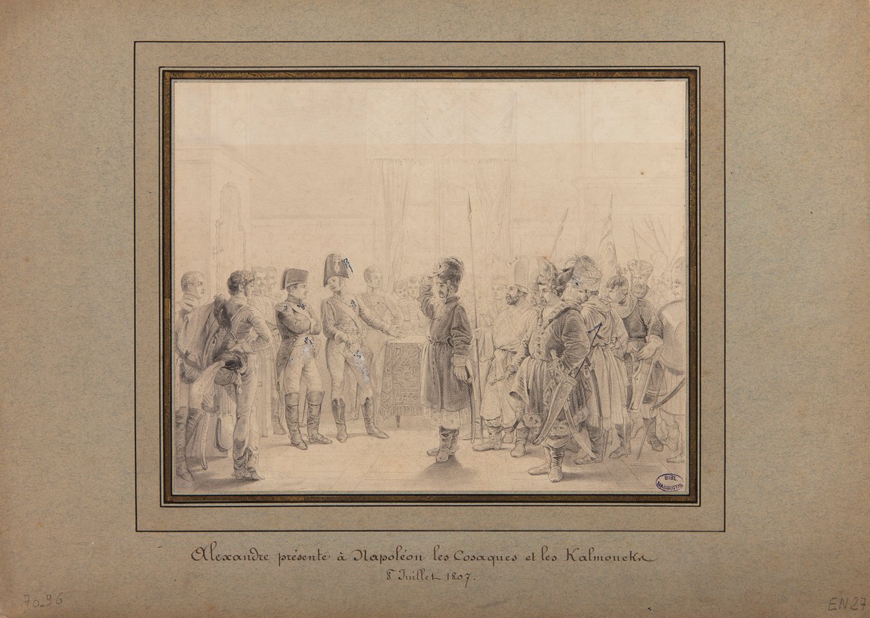 Alexander I præsenterer den russiske hærs kosakker og kalmukker for Napoleon I i Tilsit den 8. juli 1807 af Pierre Nolasque Bergeret