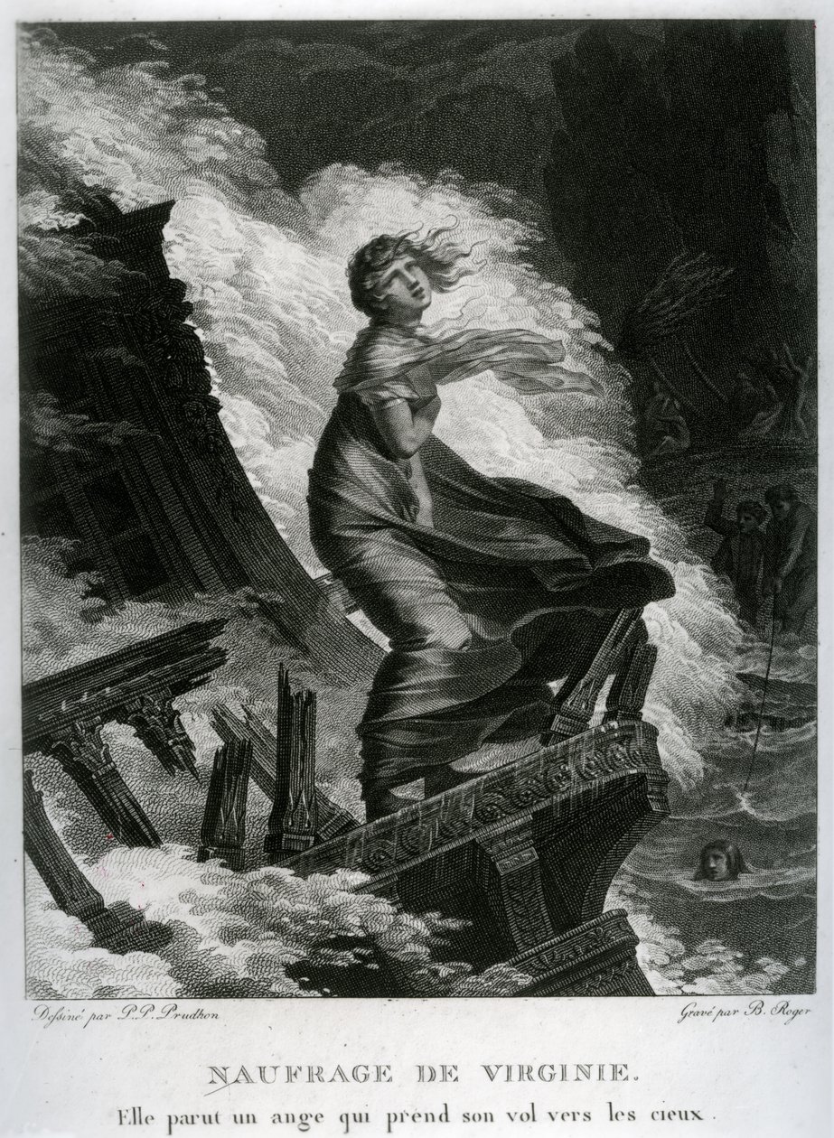Skibbruddet med Virginie, illustration til "Paul et Virginie" af Bernardin de Saint-Pierre (1737-1814), graveret af Barthelemy Roger (1767-1841) af Pierre Paul Prudhon