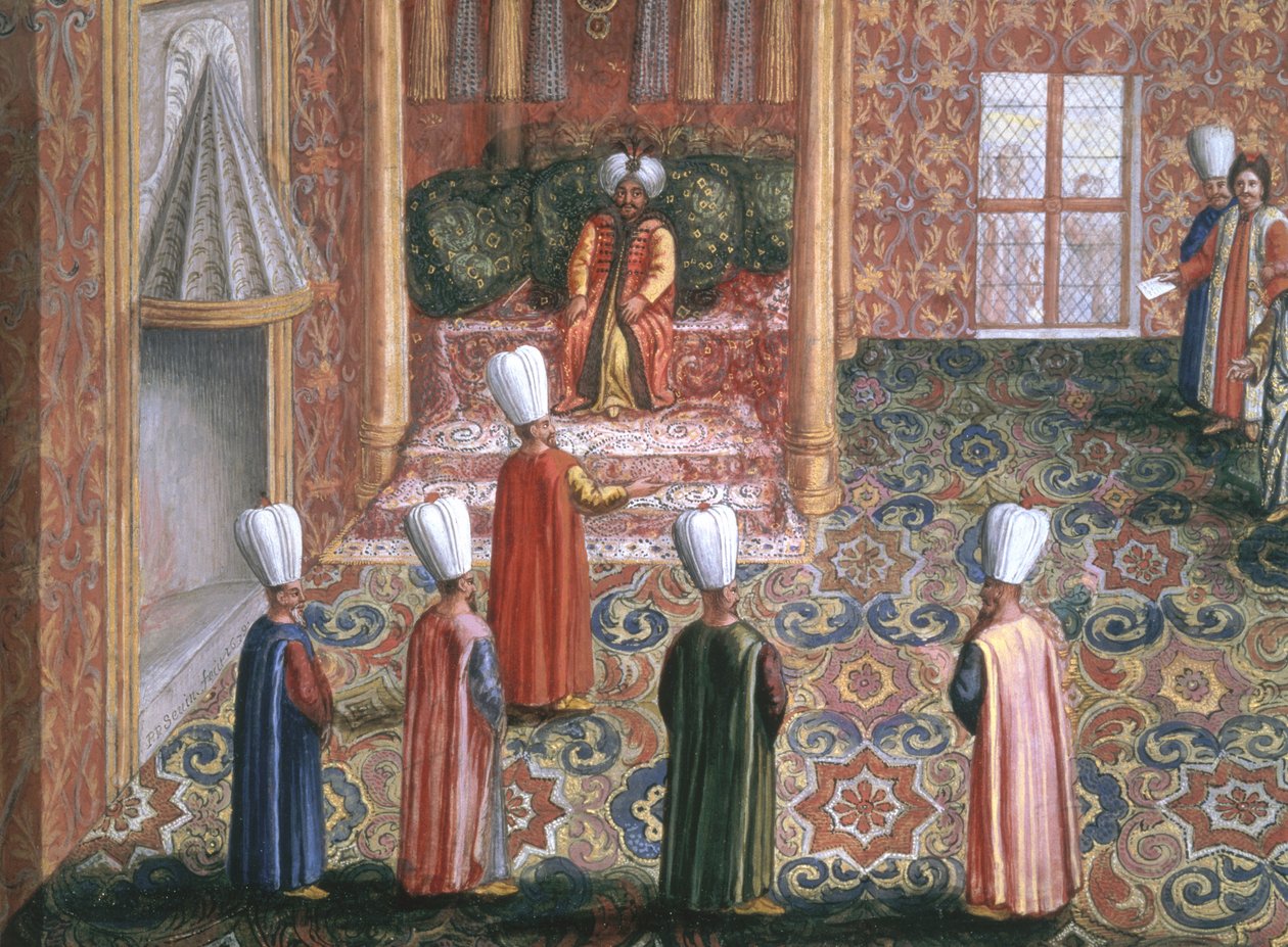 Jan Gninskis diplomatiske mission til Istanbul, publikum for den polske udsending med sultanen Machmed, 1679 (gouache med bladguld på papir) af Pierre Paul Sevin