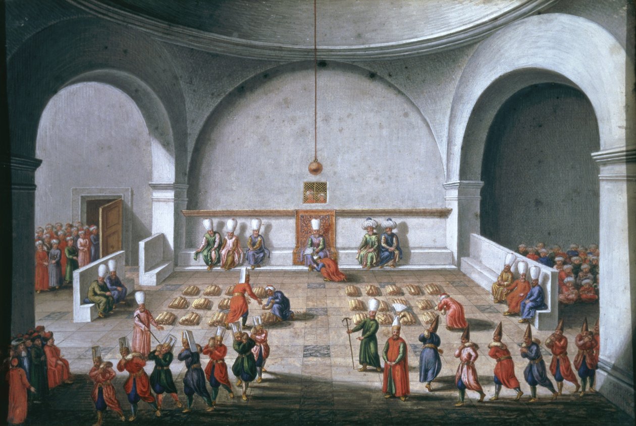 Jan Gninskis mission til Istanbul, ceremoni for betaling til soldaterne, 1679 (gouache med bladguld på papir) af Pierre Paul Sevin