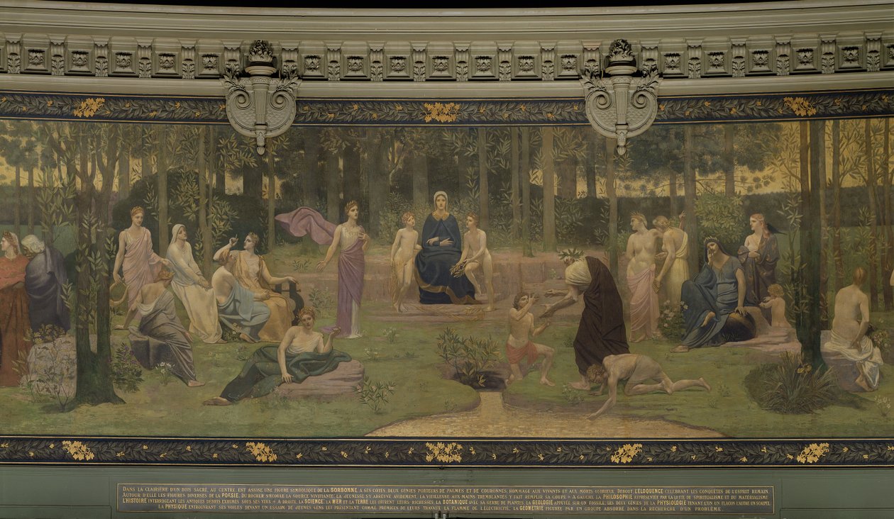 The Sacred Wood, allegorisk vægmaleri i Grand Amphitheatre, central detalje i Sorbonne, veltalenhed, poesi, den livgivende kilde og videnskab, 1887-89 (detaljer fra 88480) af Pierre Puvis de Chavannes