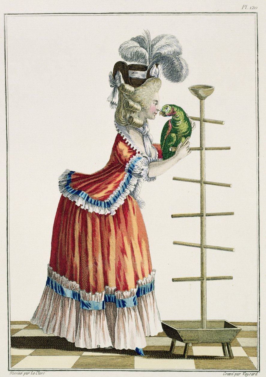 Elegant kvinde i karako "a la Polonaise" og hat "a la Devonshire", plade 120 fra "Galerie des Modes et Costumes Francais", graveret af Etienne Claude Voysard (1746-1816) 1778 af Pierre Thomas Le Clerc