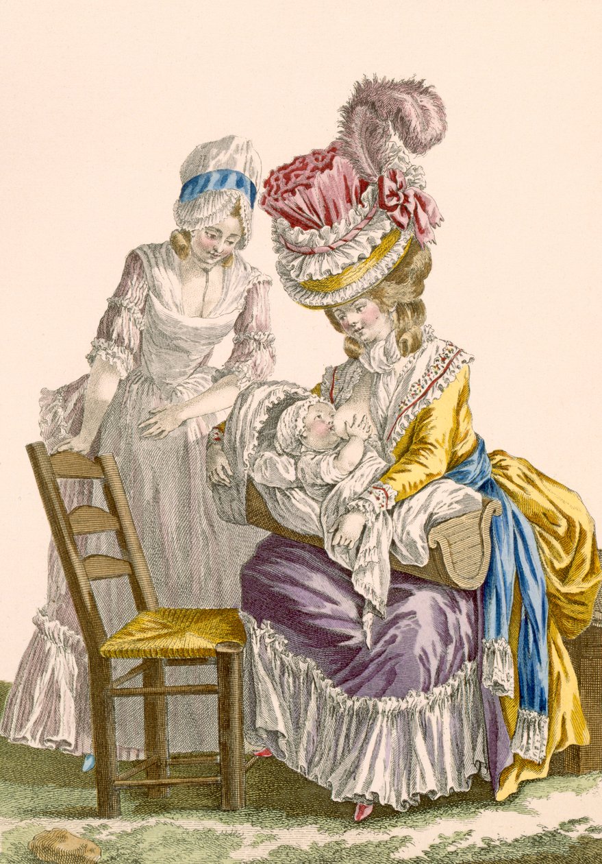 Elegant dame, der ammer sit barn, overvåget af sin stuepige, graveret af Patas, plade nr. 142 fra 