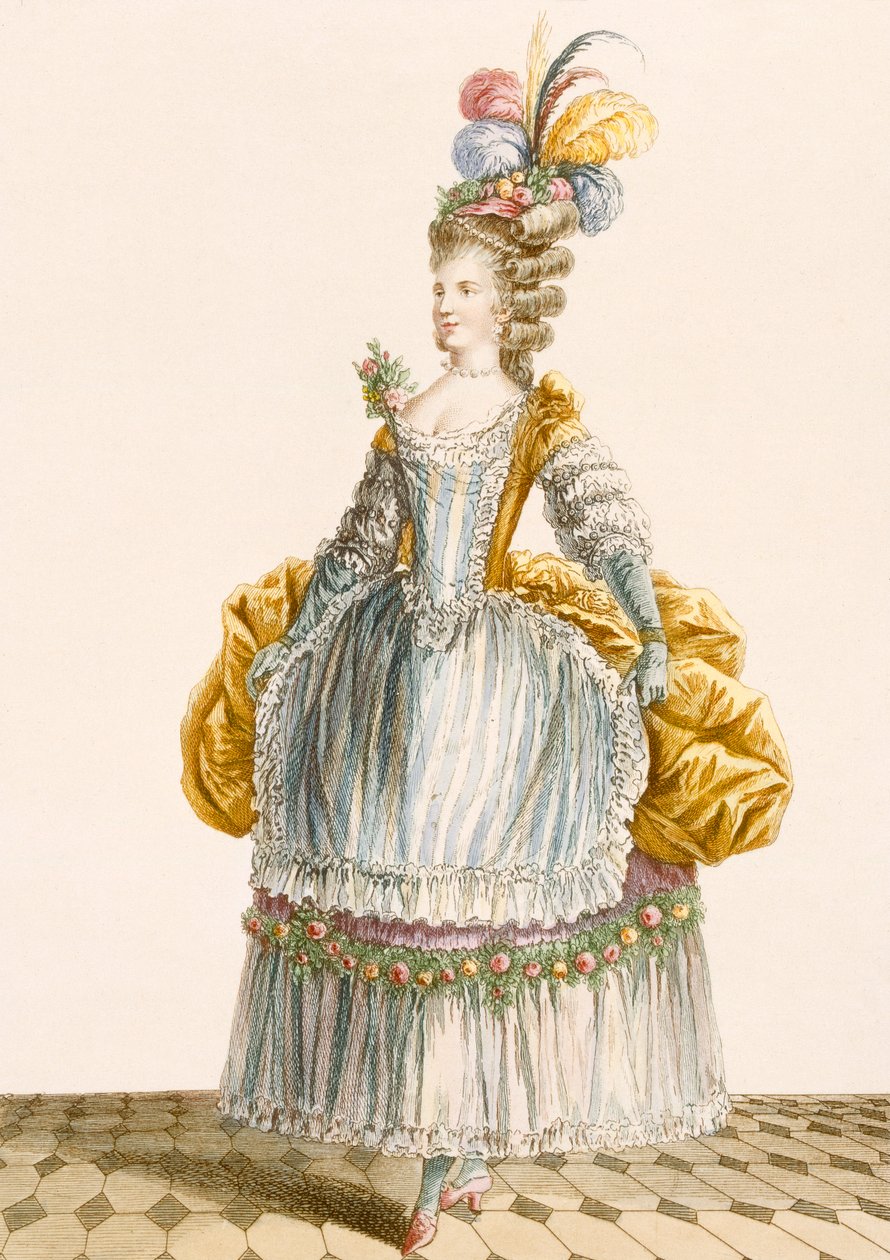 Dame-ballkjole, graveret af Dupin, fra "Galeries des Modes et Costumes Francais", 1778 af Pierre Thomas Le Clerc
