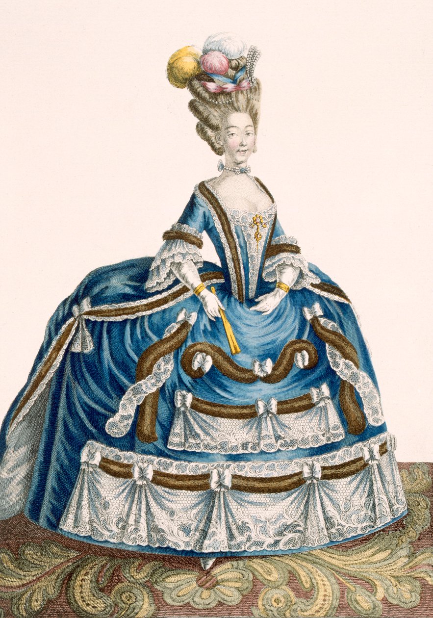 Dames kunstfærdige hofkjole, dekoreret med swags og blonder, graveret af Voysard, tavle nr. 46 fra 