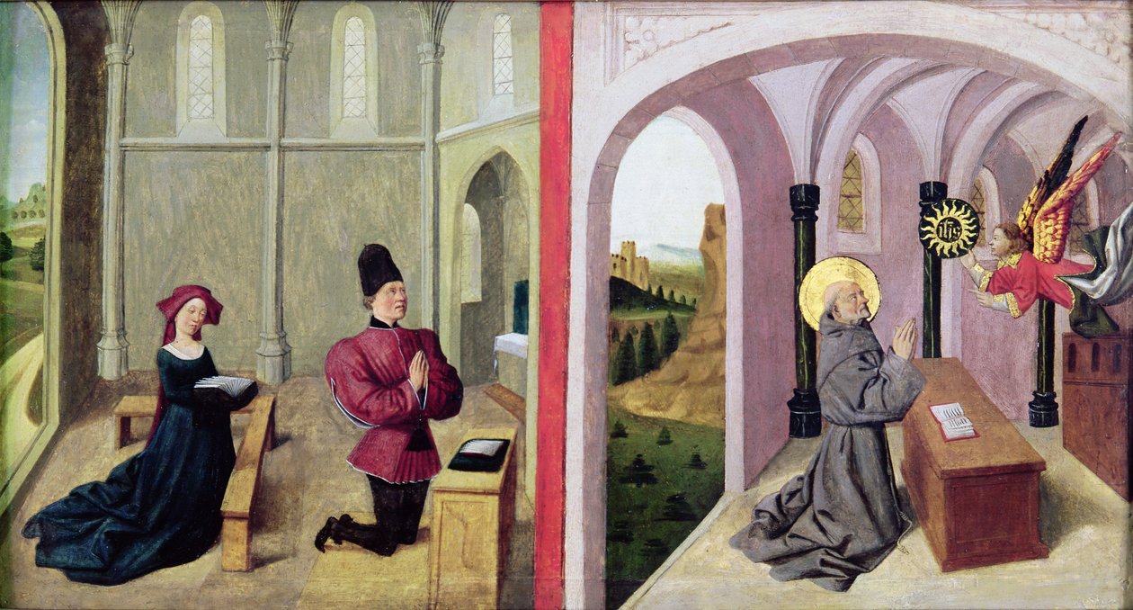 Sankt Bernardino af Siena med to donorer, 1460-70 af Pierre Villatte