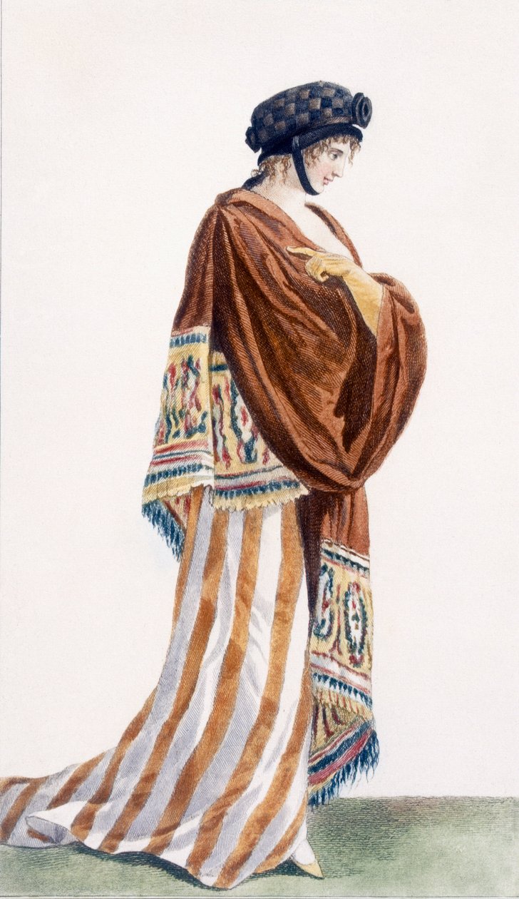 Damekjole med fløjlssjal, illustration fra "Journal des Dames et des Modes", 1799 af Pierre de La Mesangere