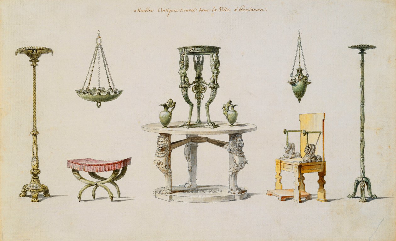 Forskellige vaser, møbler, altre og stativer opdaget på Herculaneum (pen & blæk og w/c på papir) af Pierre Adrien Paris