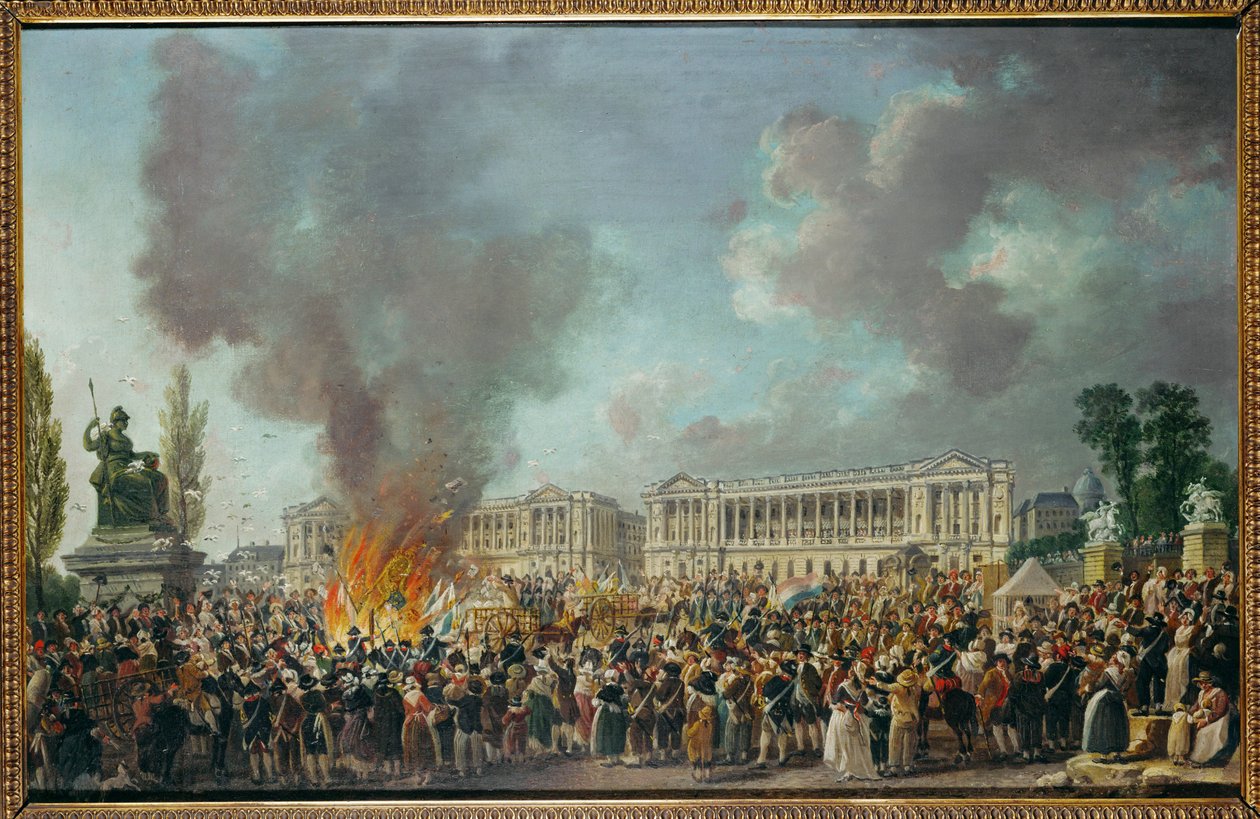 Monarkiets emblemer afbrændes på Place de la Concorde ... af Pierre Antoine (attr. to) Demachy