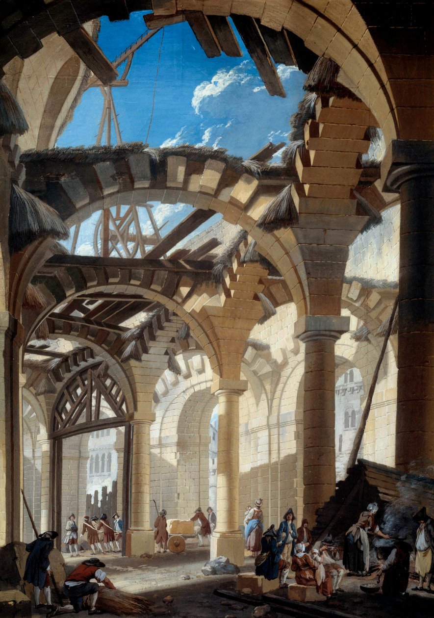 Construction of the new hall in Paris Painting by Pierre Demachydani af Pierre Antoine Demachy