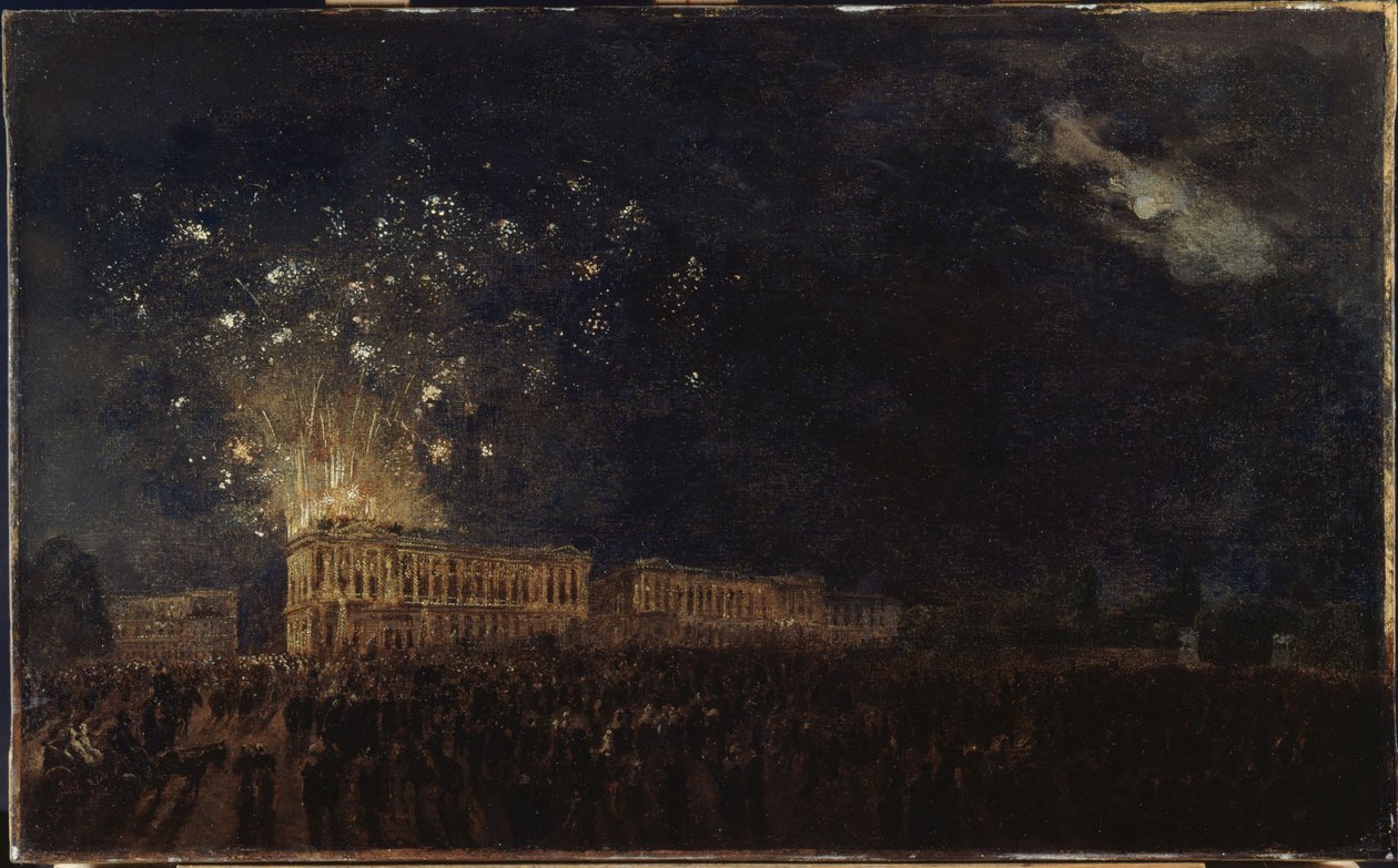 Fyrværkeri i anledning af hertugen af Normandiets fødsel, ca. 1782 (olie på lærred på træ) af Pierre Antoine Demachy