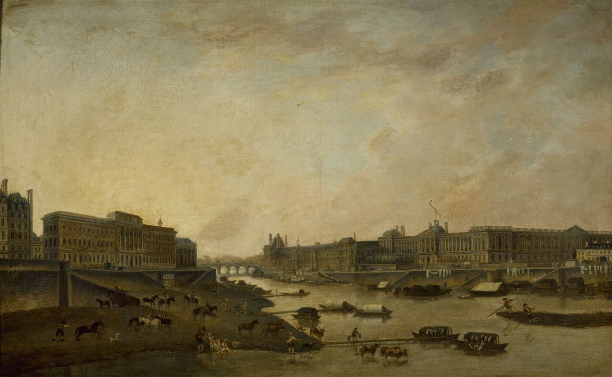 Hôtel de la Monnaie og Louvre, set fra Pont-Neuf, ca. 1800, mellem 1793 og 1800 (olie på lærred) af Pierre Antoine Demachy