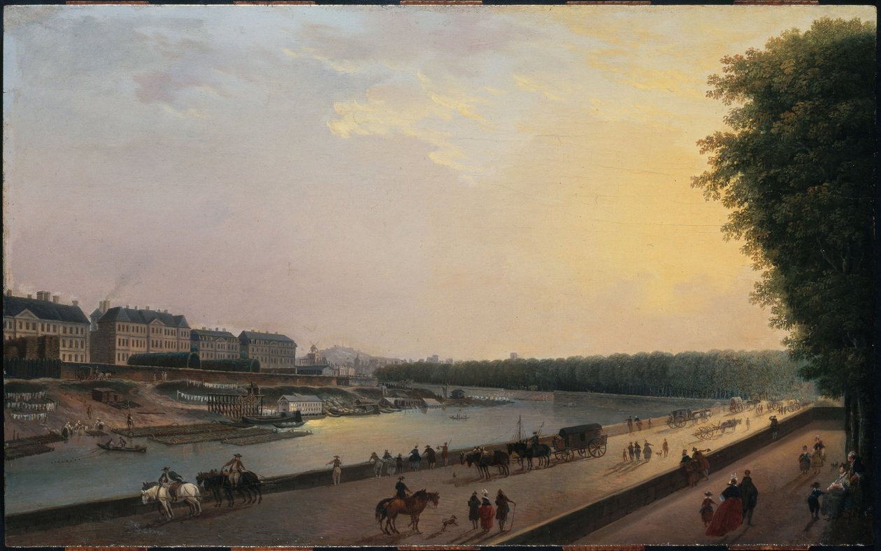 Seinen ved Grenouillère, udsigt fra Tuileriernes terrasse ved vandet, ca. 1777 (olie på træ) af Pierre Antoine Demachy