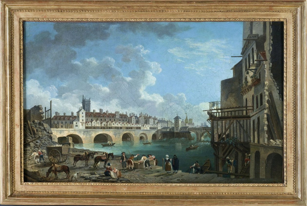 Udsigt over Quai de Gesvres på tidspunktet for nedrivningen af husene på Pont au Change, ca. 1788 (olie) af Pierre Antoine Demachy