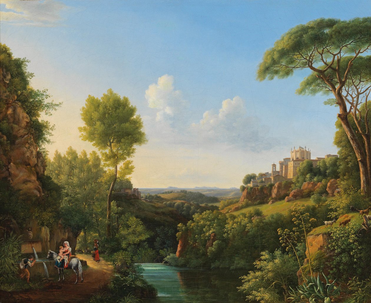 Italiensk landskab med rejsende ved en brønd af Pierre Athanase Chauvin