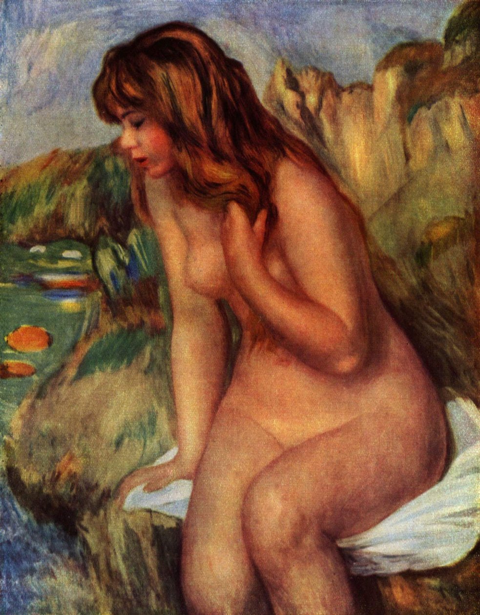Baigneuse assise au rochernTysk: badende, siddende på en klippe af Pierre Auguste Renoir