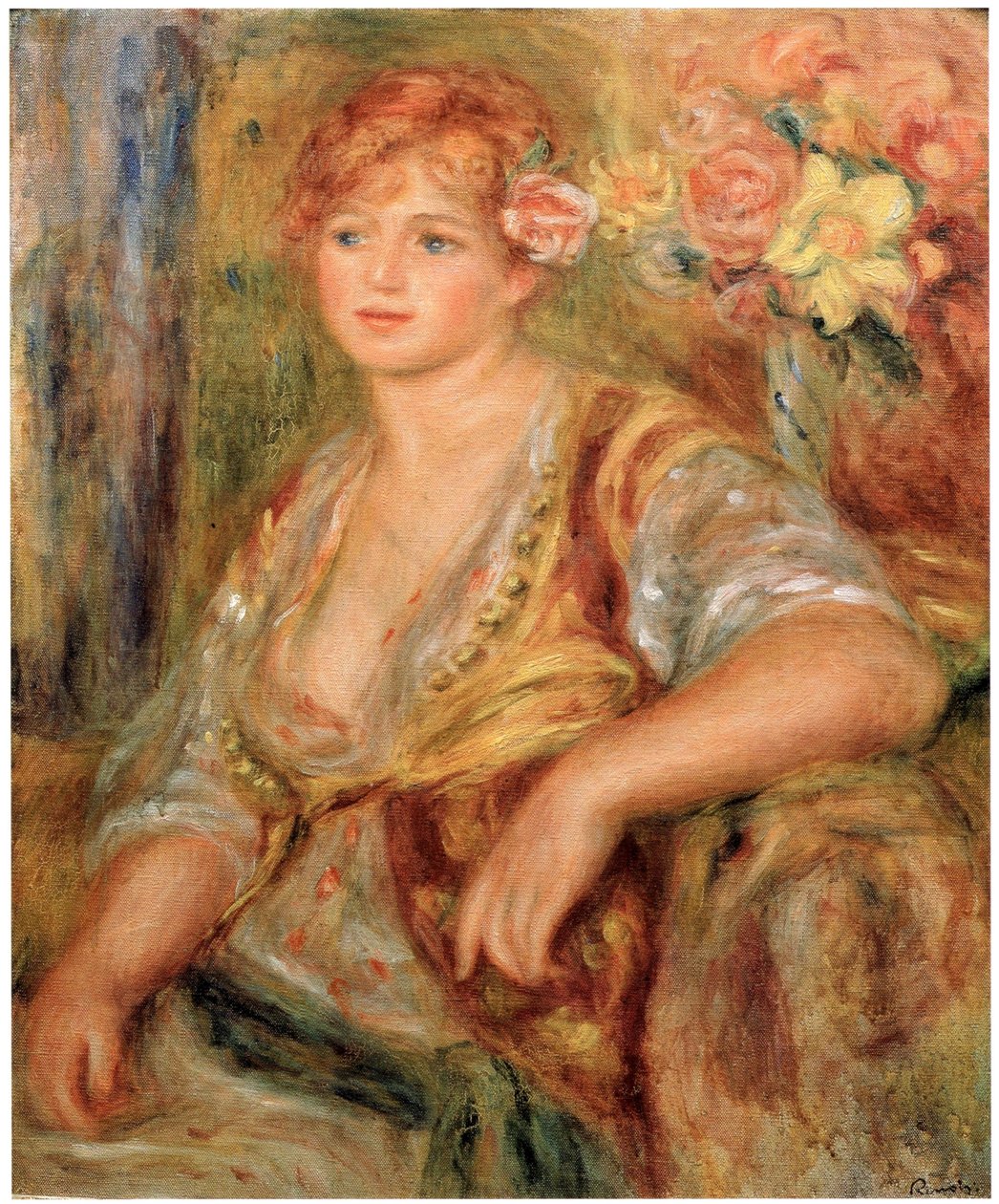 Blonde a la rosen English: Blonde Girl with a Rosen af Pierre Auguste Renoir