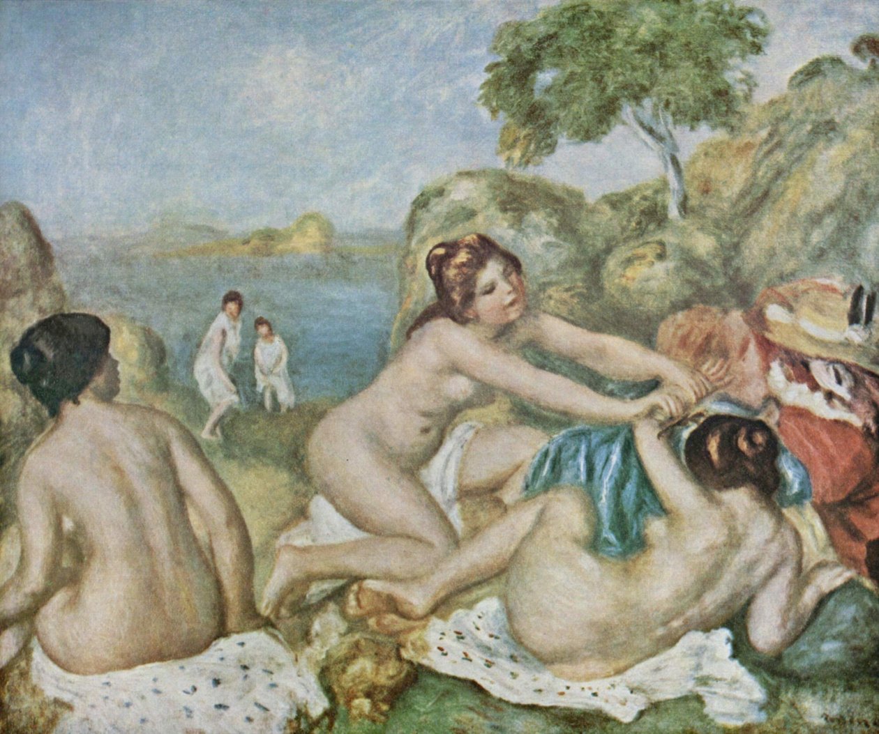Tre piger, der bader med krabber af Pierre Auguste Renoir