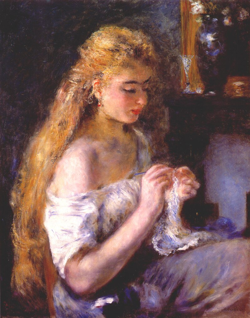 Girl crochetingnEnglish: Girl weaving af Pierre Auguste Renoir