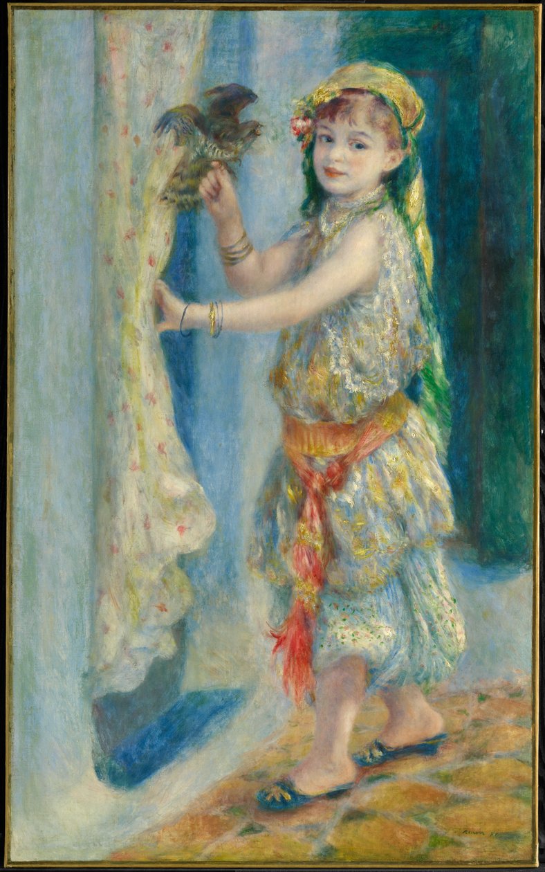 Barn med en fugl (Mademoiselle Fleury i algerisk dragt) af Pierre-Auguste Renoir