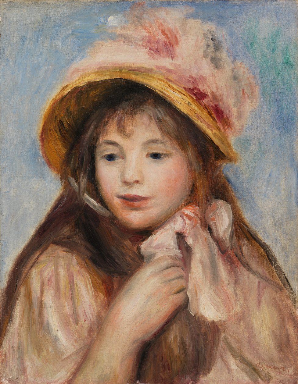 Pige med lyserød motorhjelm af Pierre-Auguste Renoir