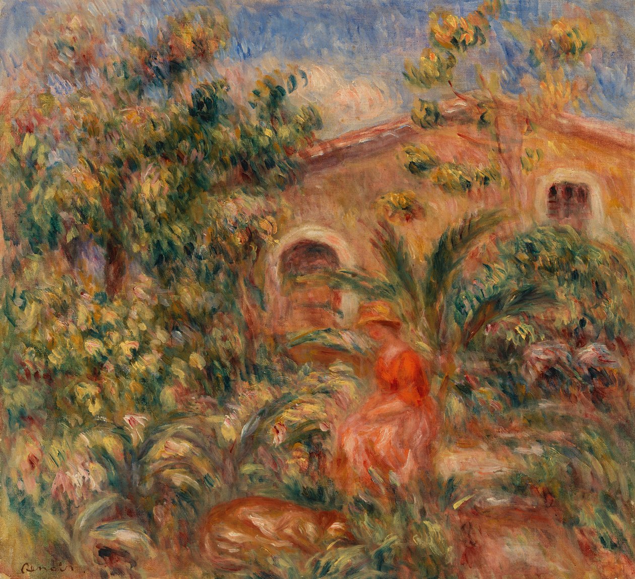 Landskab med kvinde og hund af Pierre-Auguste Renoir