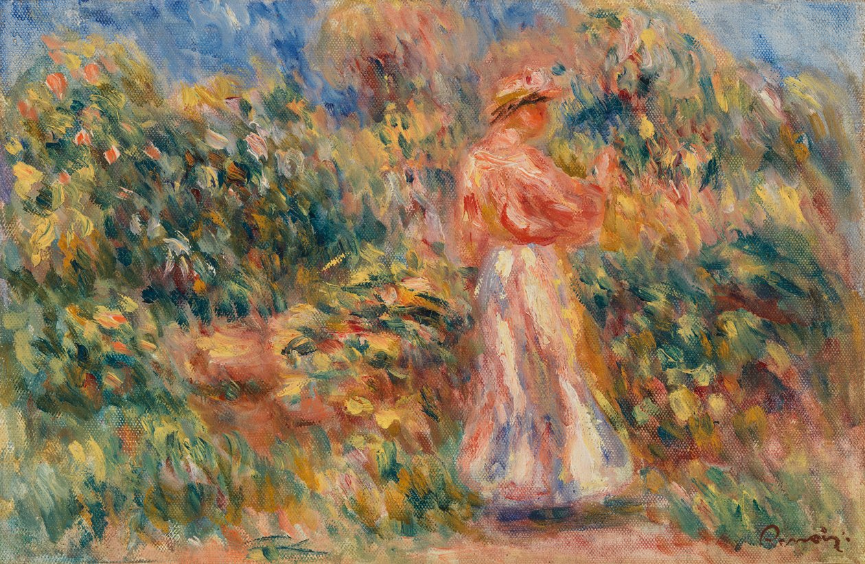Landskab med kvinde i pink og hvid af Pierre-Auguste Renoir