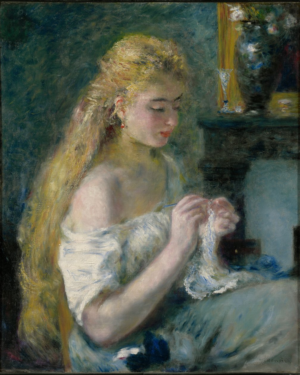 Kvinde, der hækler af Pierre-Auguste Renoir
