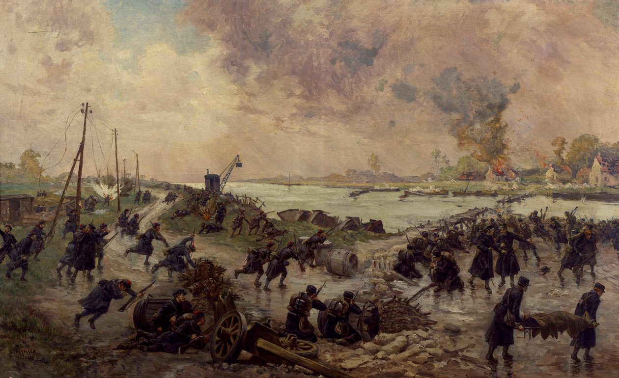 Belgiske tropper i kamp på Yser, oktober 1914, Første Verdenskrig, Belgien, 20. århundrede af Pierre Ernest and Neymark Gustave Ballue