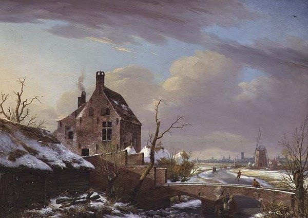 Vinterlandskab med figurer ved en bro af Pierre François De Noter