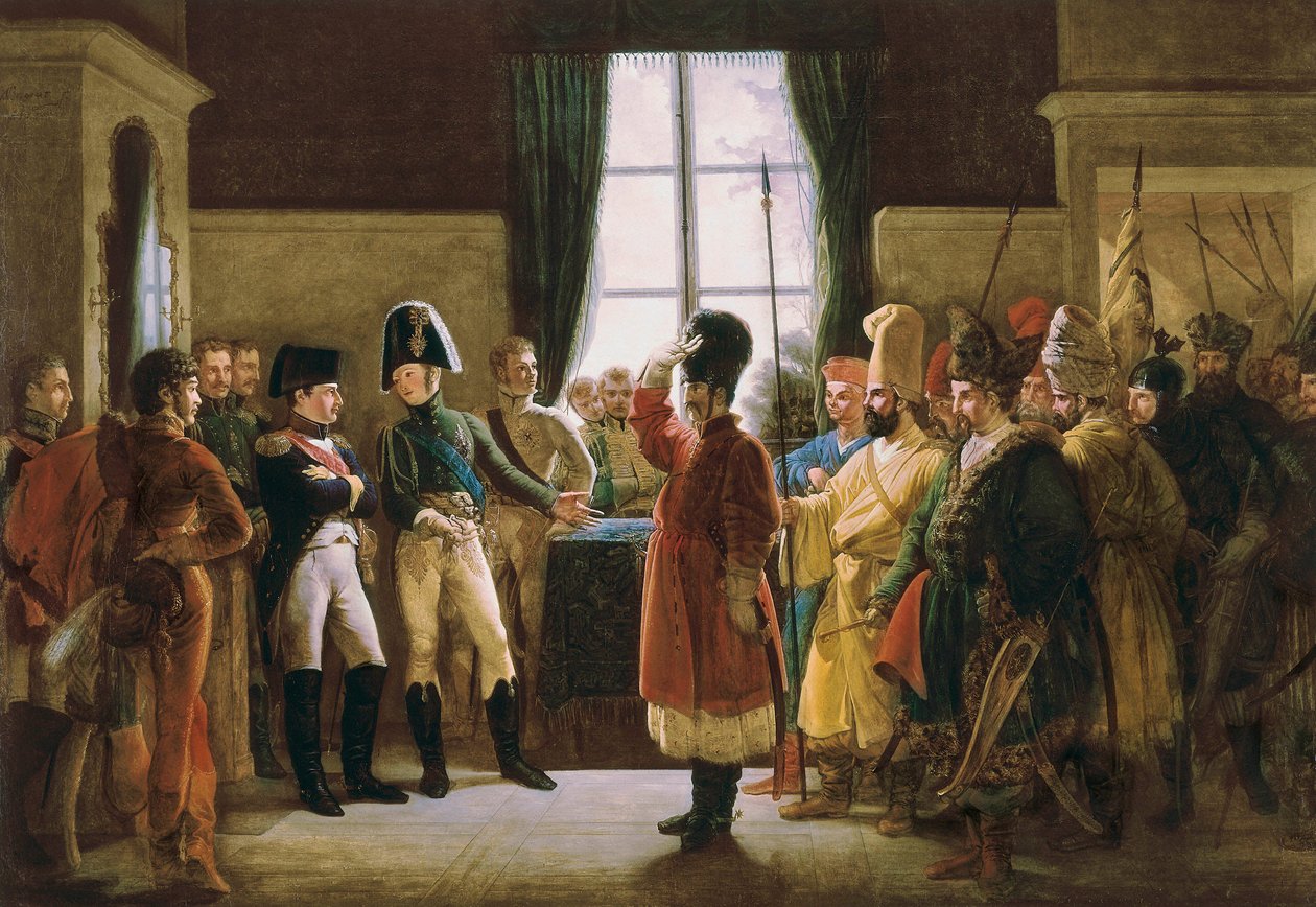 Alexander I præsenterede for Napoleon I, kalmykkerne, kosakkerne og baskirerne fra den russiske hær den 9. juli af Pierre Nolasque Bergeret