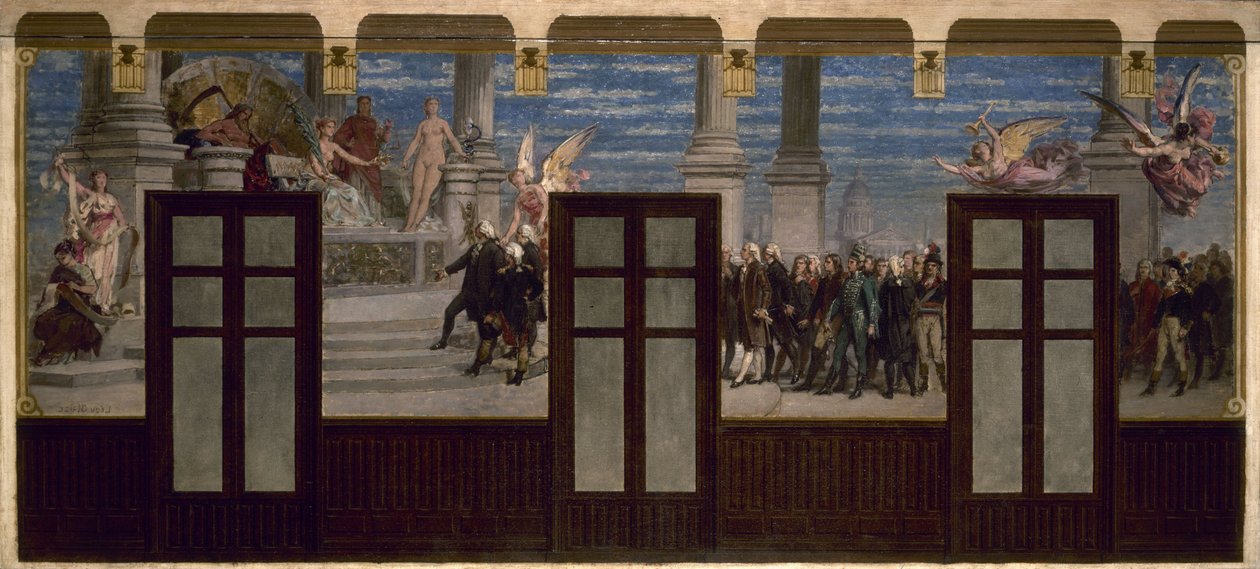 Skitse til rådhuset i det 20. arrondissement: Revolutionens store mænd foran eftertidens domstol af Pierre Paul Lêon Glaize